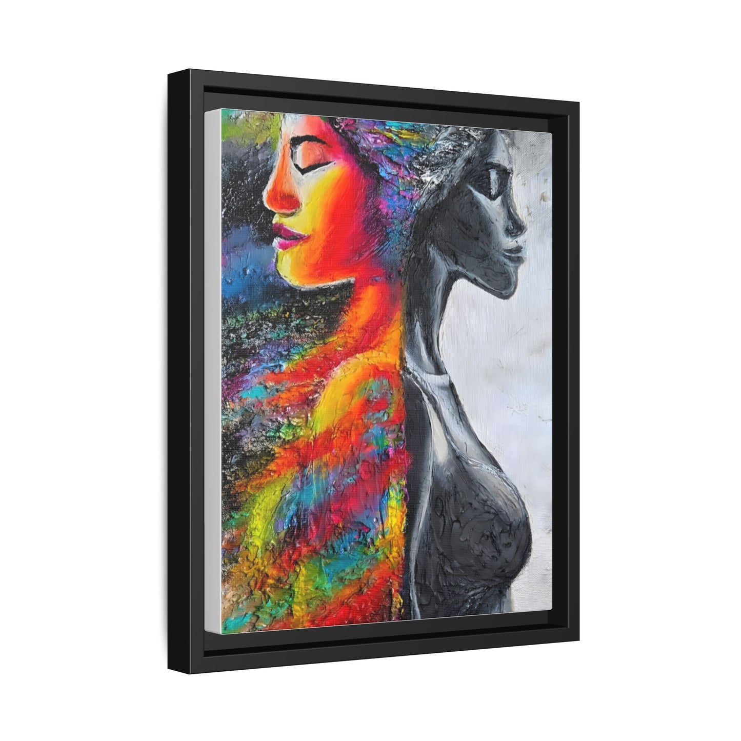 Framed Matte Canvas Art – Colorful Dual-Faced Woman Portrait