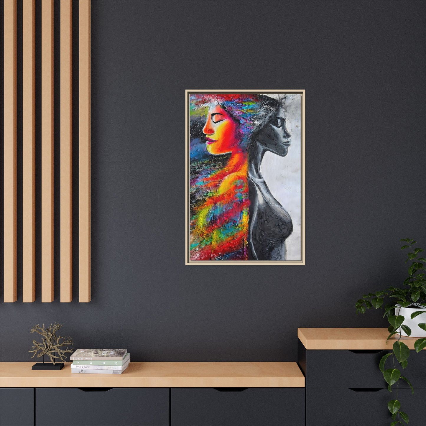 Framed Matte Canvas Art – Colorful Dual-Faced Woman Portrait