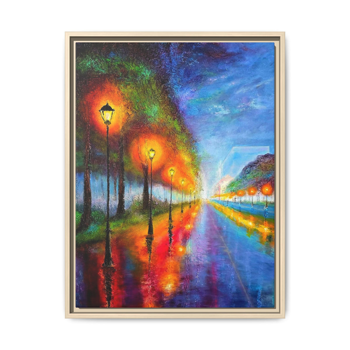 Framed Matte Canvas - Colorful City Street Lamp Nightscape