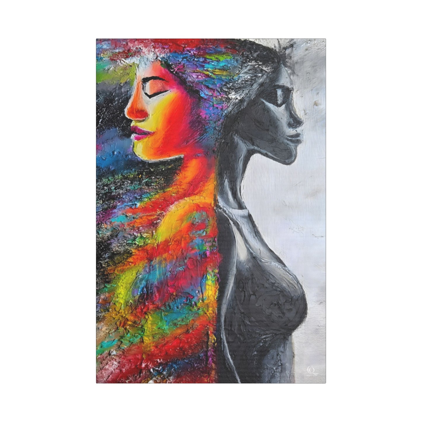Abstract Duality Portrait Satin Canvas Art - Colorful Woman & Monochrome Silhouette Stretched