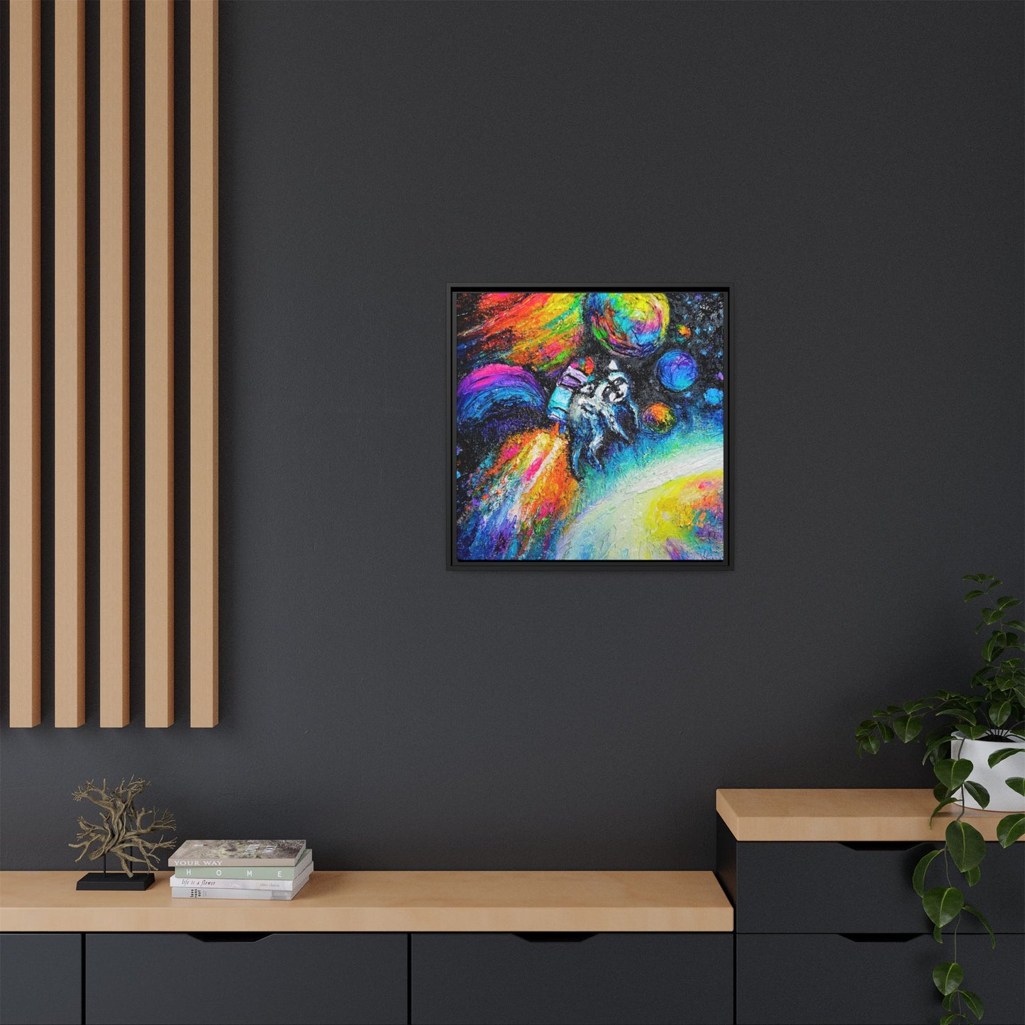 Framed Matte Jimothy in Space Canvas Art – Colorful Astronaut Space Painting