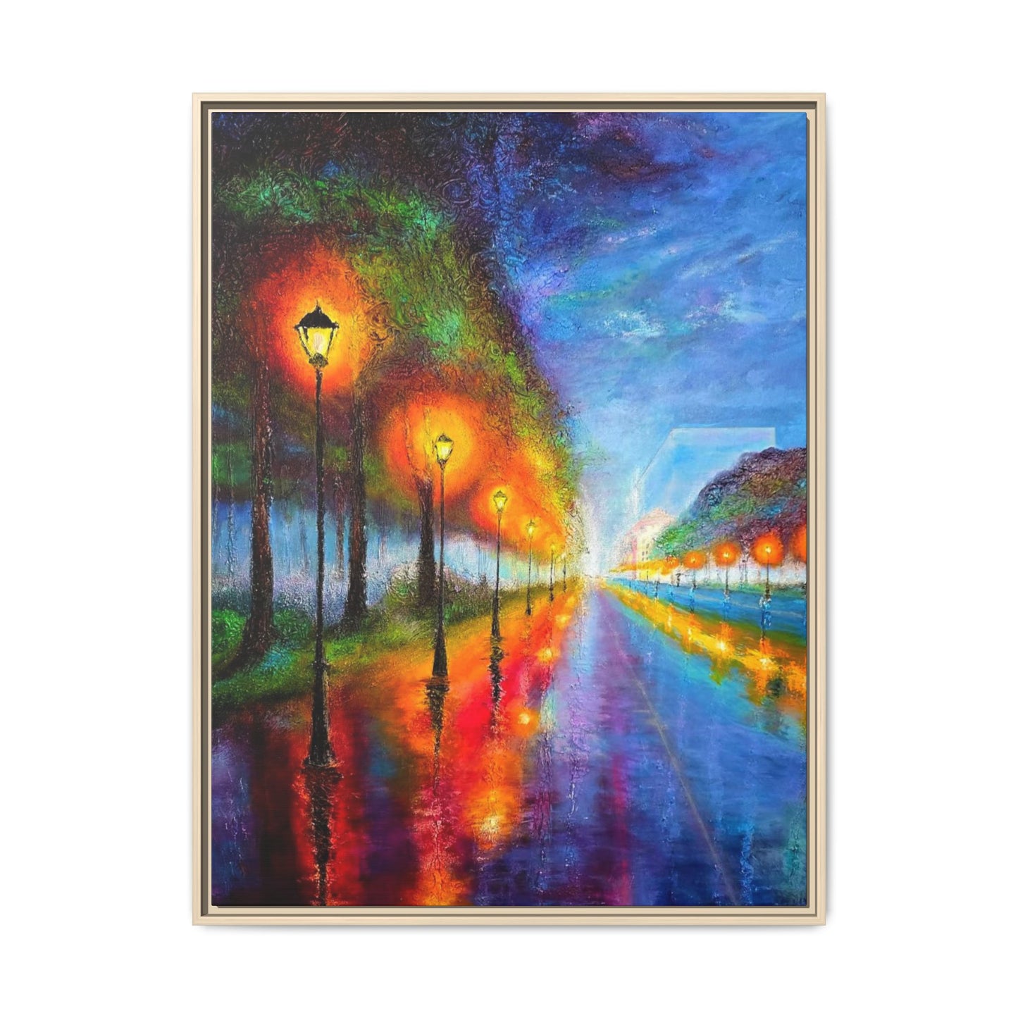 Framed Matte Canvas - Colorful City Street Lamp Nightscape