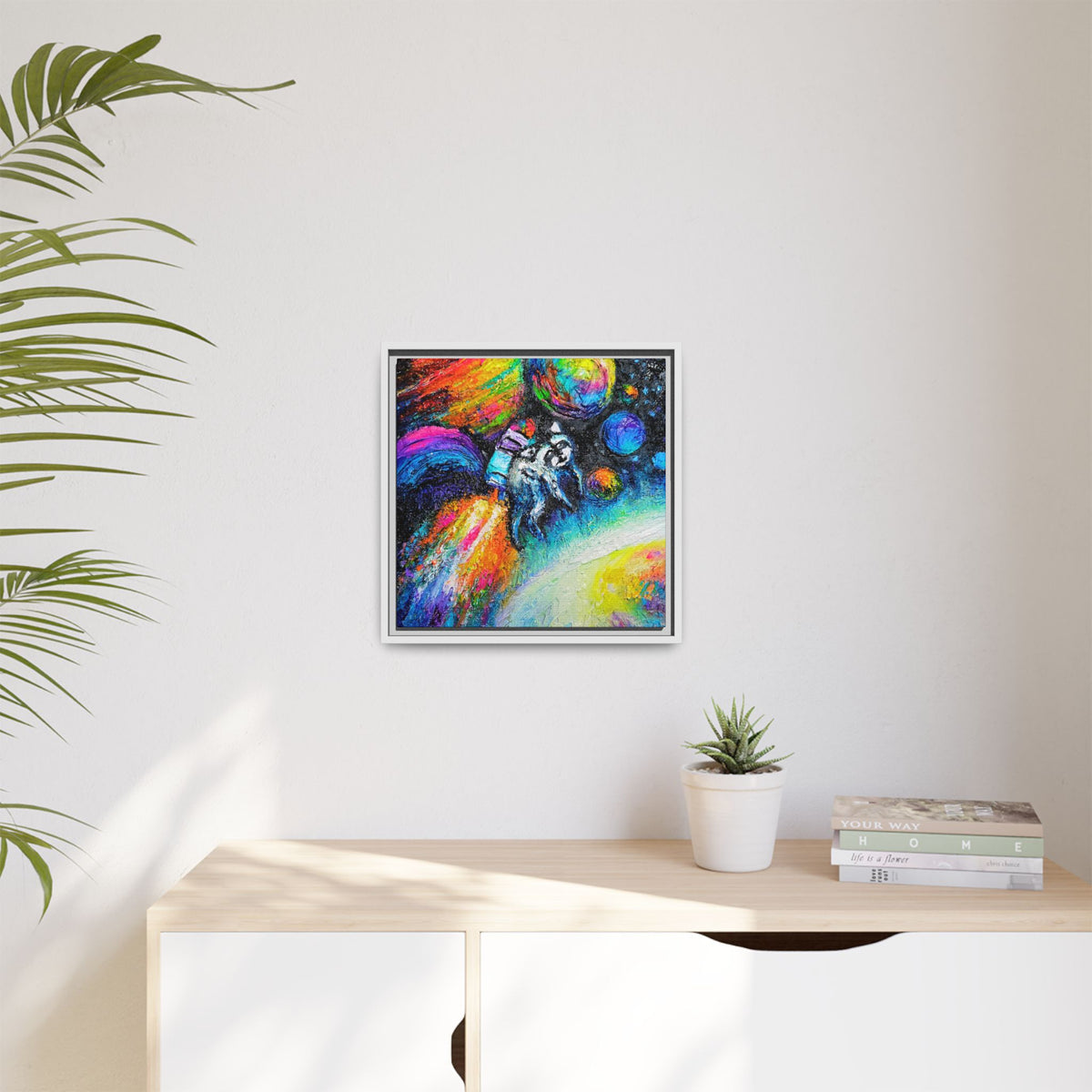 Framed Matte Jimothy in Space Canvas Art – Colorful Astronaut Space Painting