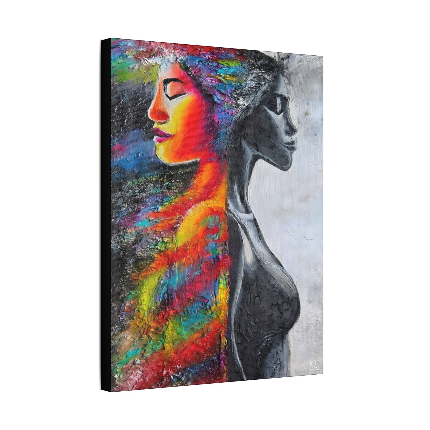 Abstract Duality Portrait Satin Canvas Art - Colorful Woman & Monochrome Silhouette Stretched