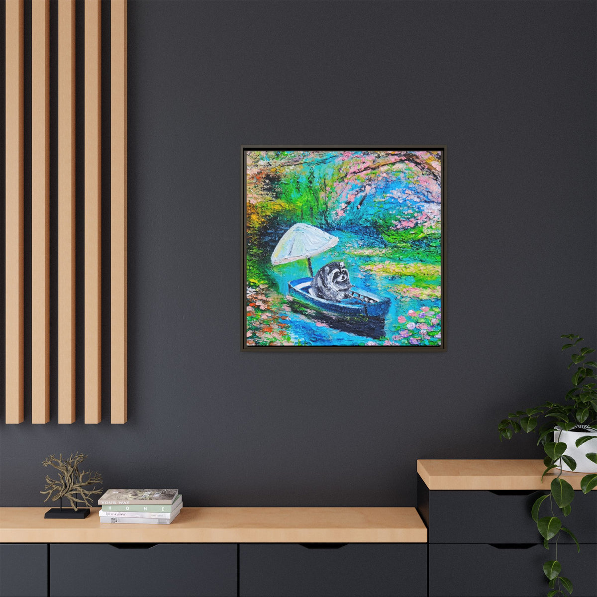 Framed Matte Canvas Art — Jimothy in a Boat Spring Landscape
