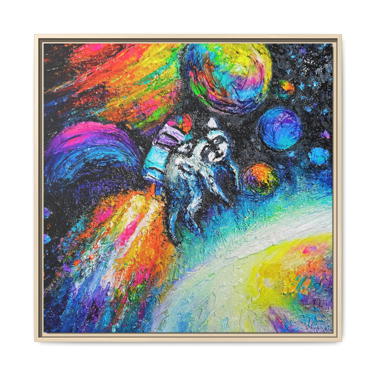 Framed Matte Jimothy in Space Canvas Art – Colorful Astronaut Space Painting