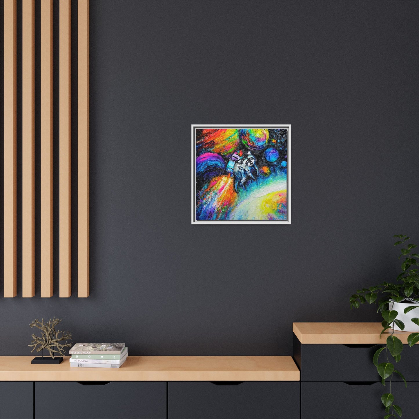 Framed Matte Jimothy in Space Canvas Art – Colorful Astronaut Space Painting