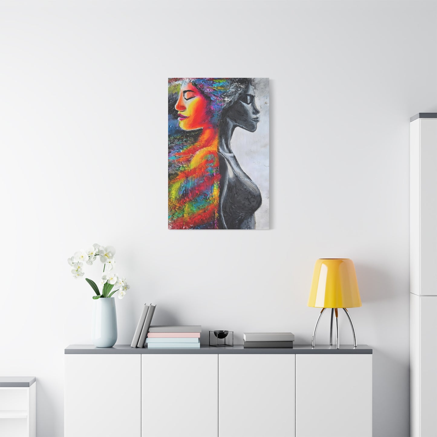 Duality Portrait Canvas Print — Colorful Woman & Monochrome Silhouette Stretched Matte