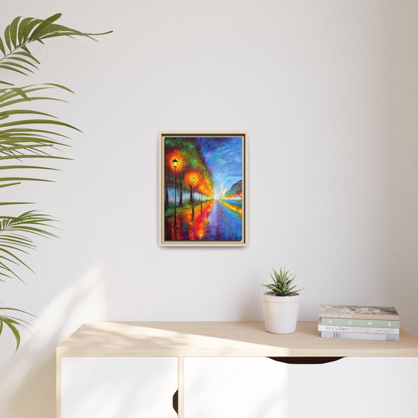 Framed Matte Canvas - Colorful City Street Lamp Nightscape