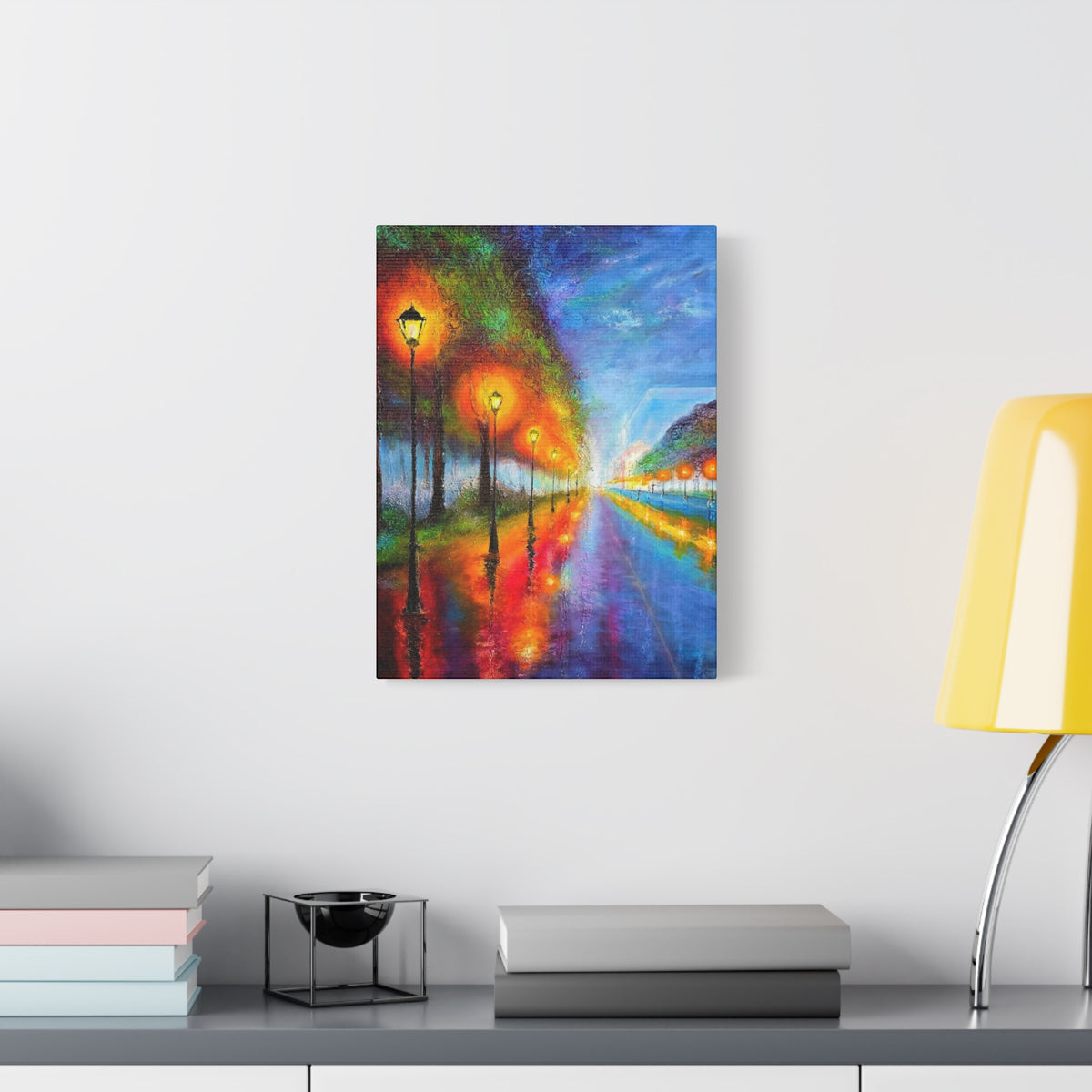 Colorful City Night Lamp Post Canvas Art — Matte Stretched Wall Decor