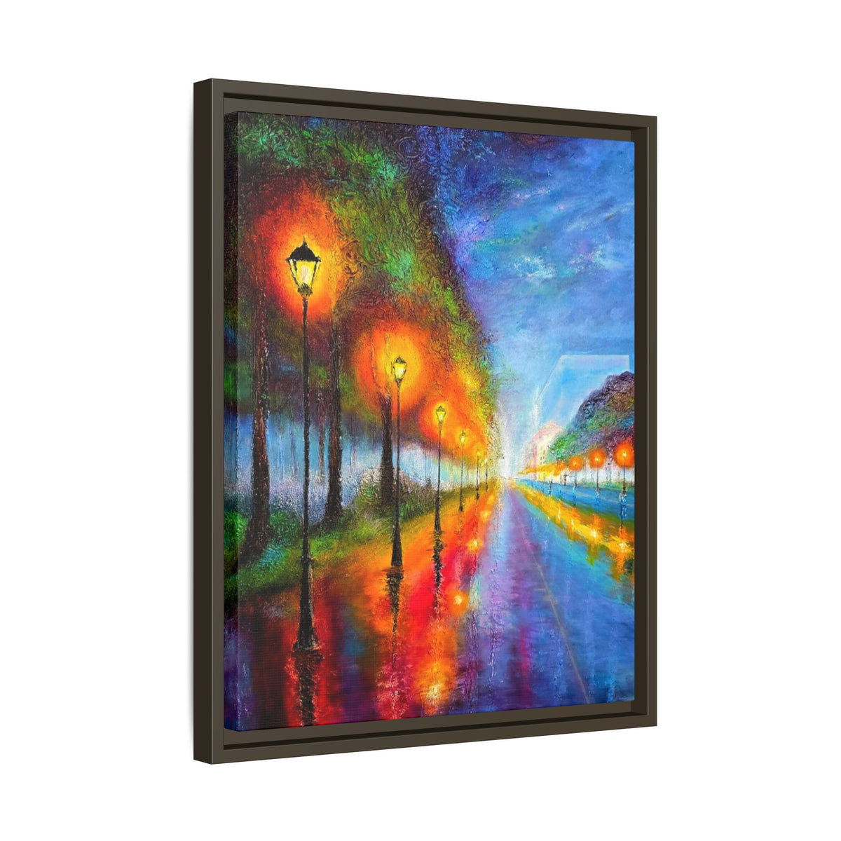 Framed Matte Canvas - Colorful City Street Lamp Nightscape