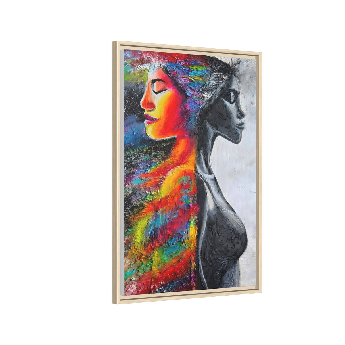 Framed Matte Canvas Art – Colorful Dual-Faced Woman Portrait