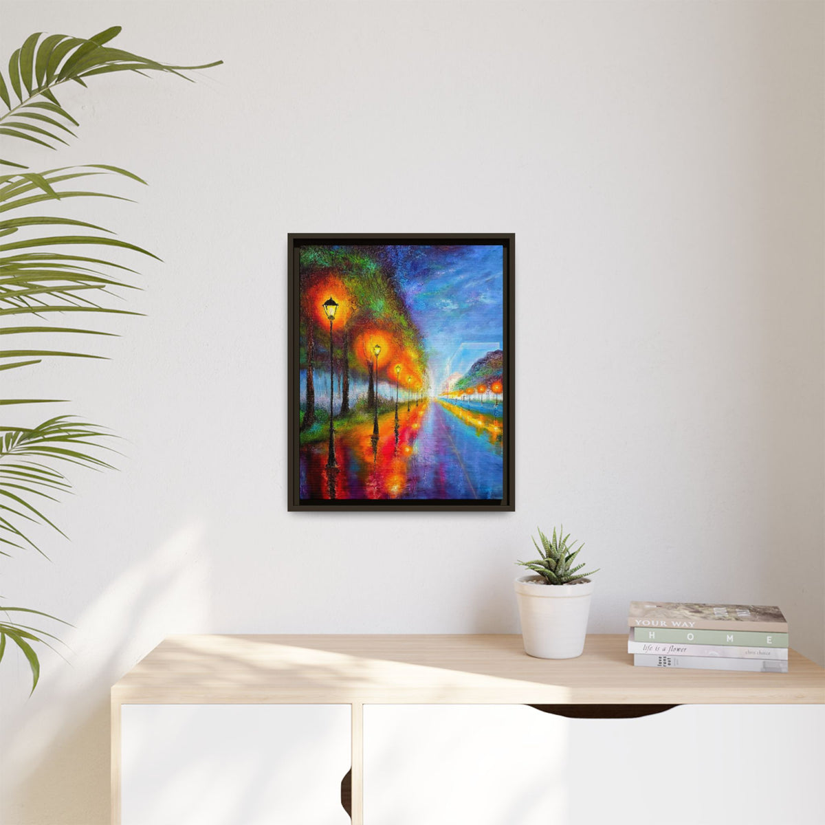 Framed Matte Canvas - Colorful City Street Lamp Nightscape