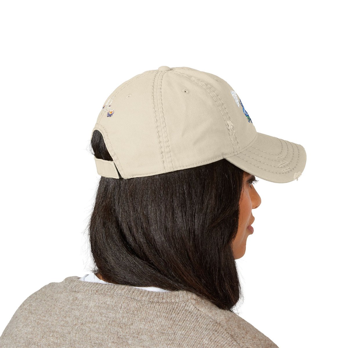 Distressed Embroidered Dad Hat — Blue Abstract Raccoon Design