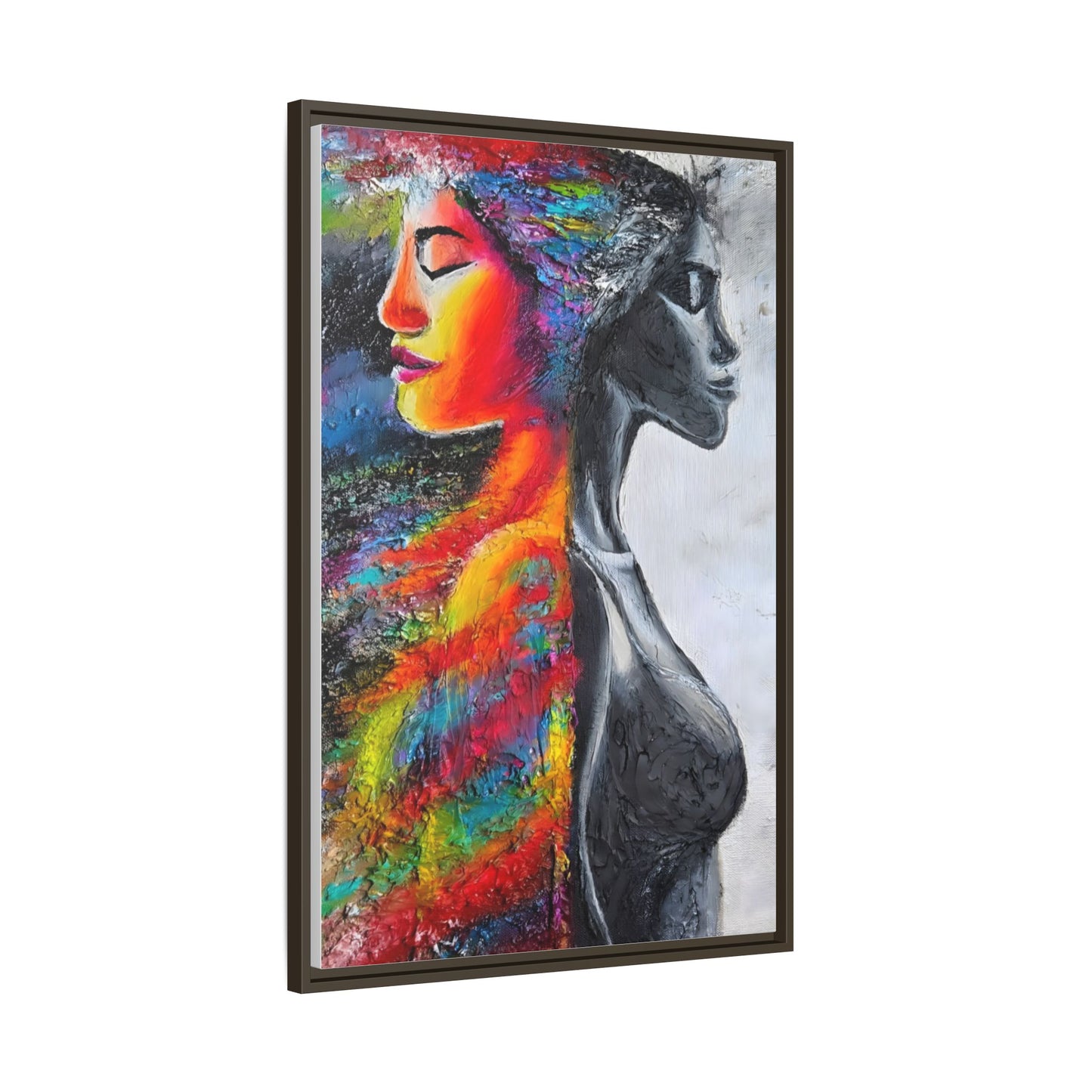 Framed Matte Canvas Art – Colorful Dual-Faced Woman Portrait