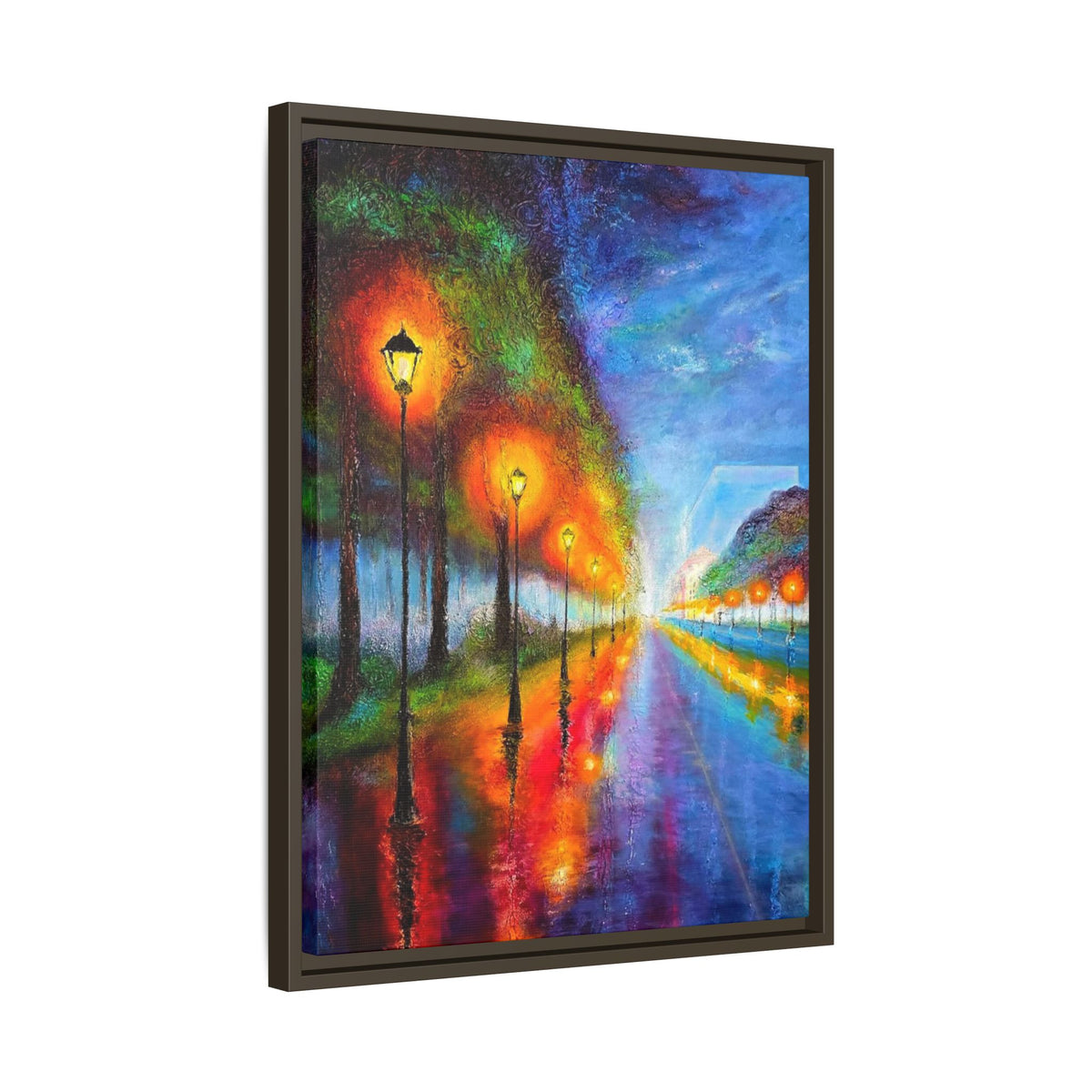 Framed Matte Canvas - Colorful City Street Lamp Nightscape