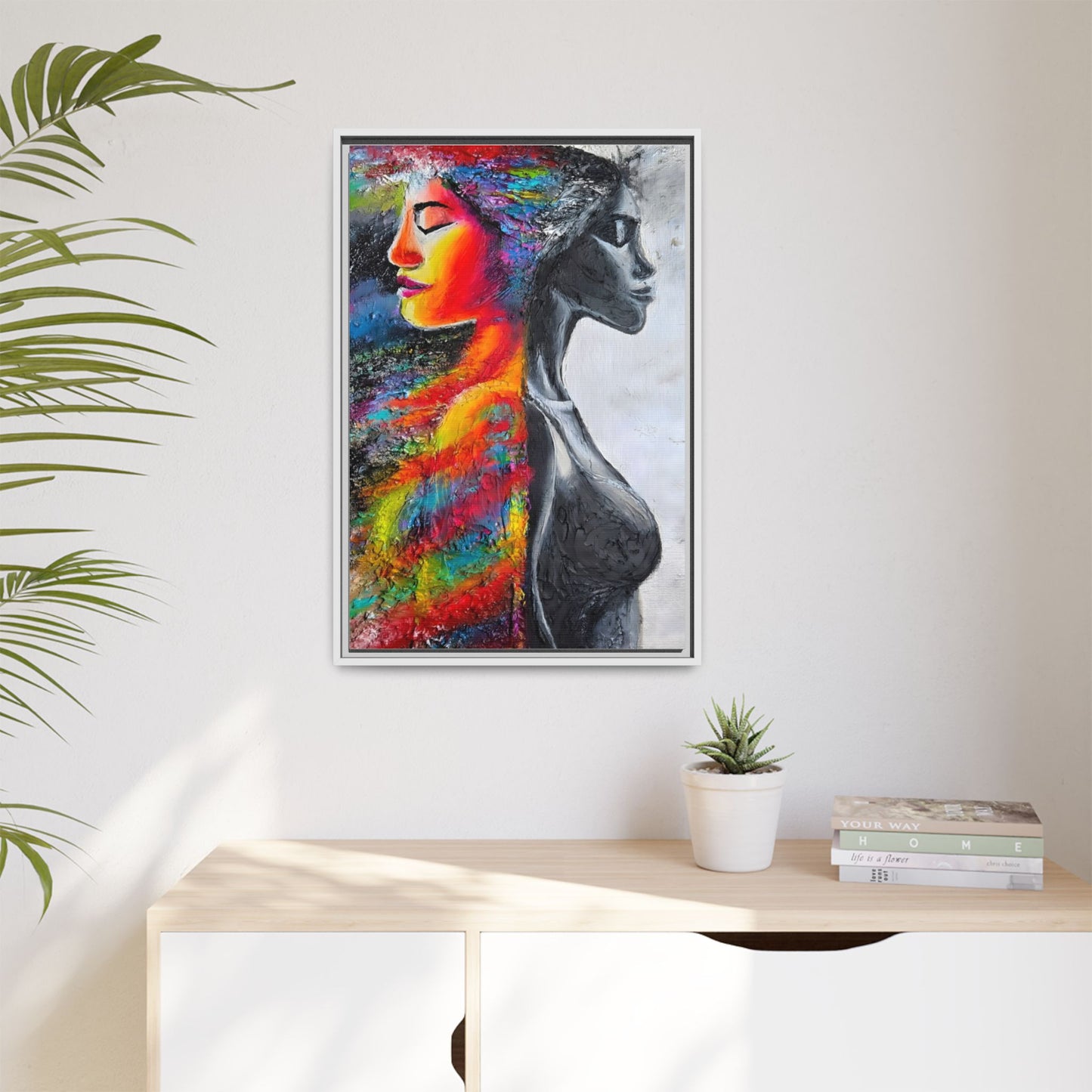Framed Matte Canvas Art – Colorful Dual-Faced Woman Portrait