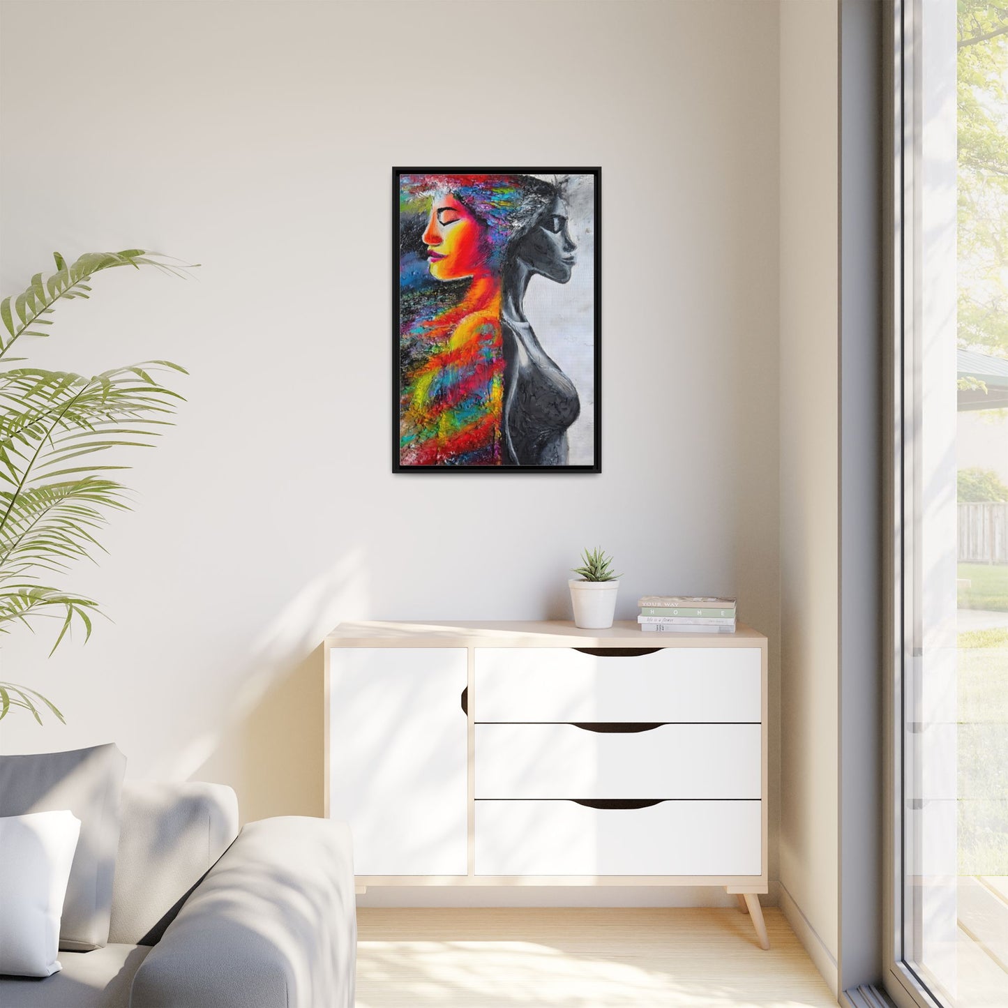 Framed Matte Canvas Art – Colorful Dual-Faced Woman Portrait