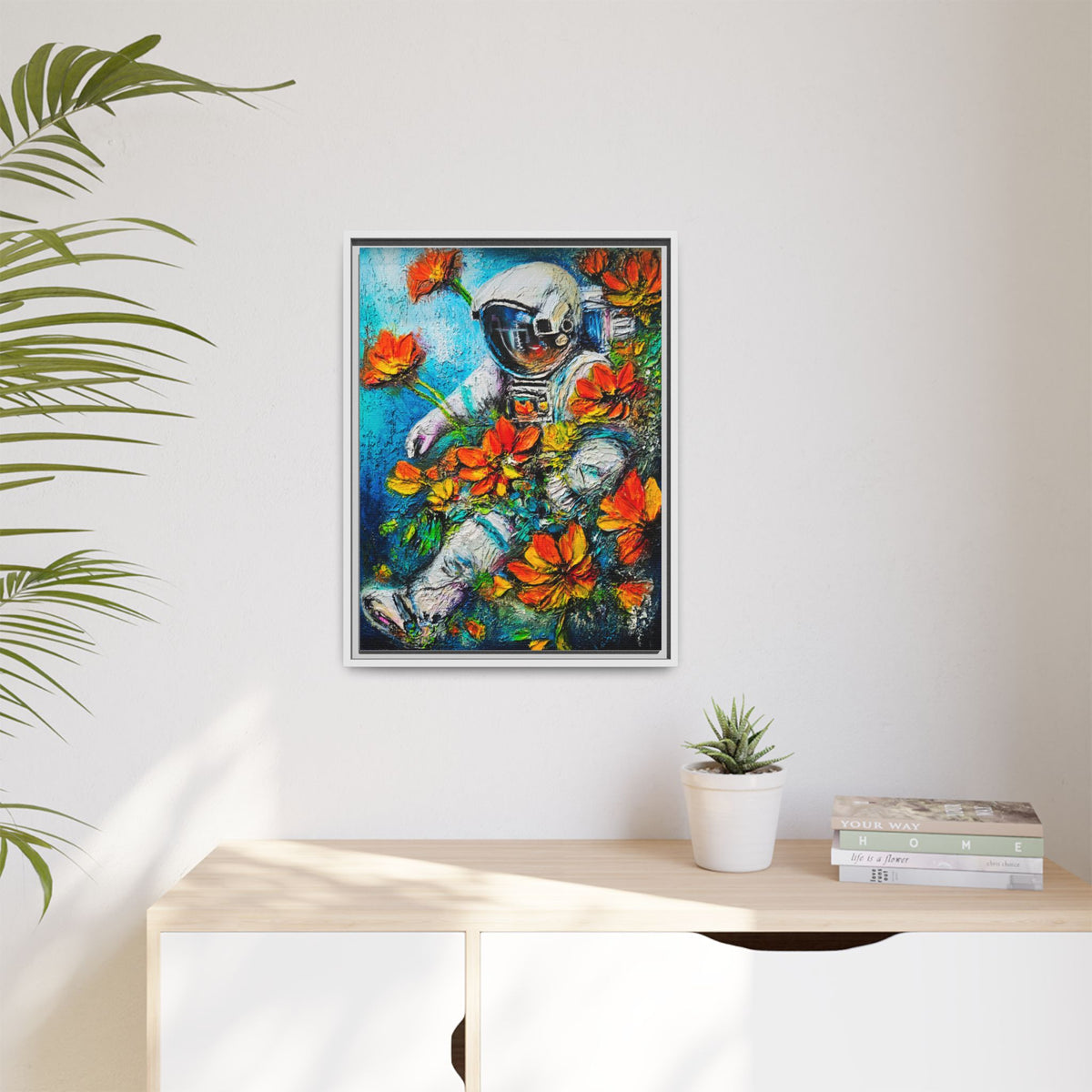 Framed Astronaut Art Print — Colorful Floral Space Canvas
