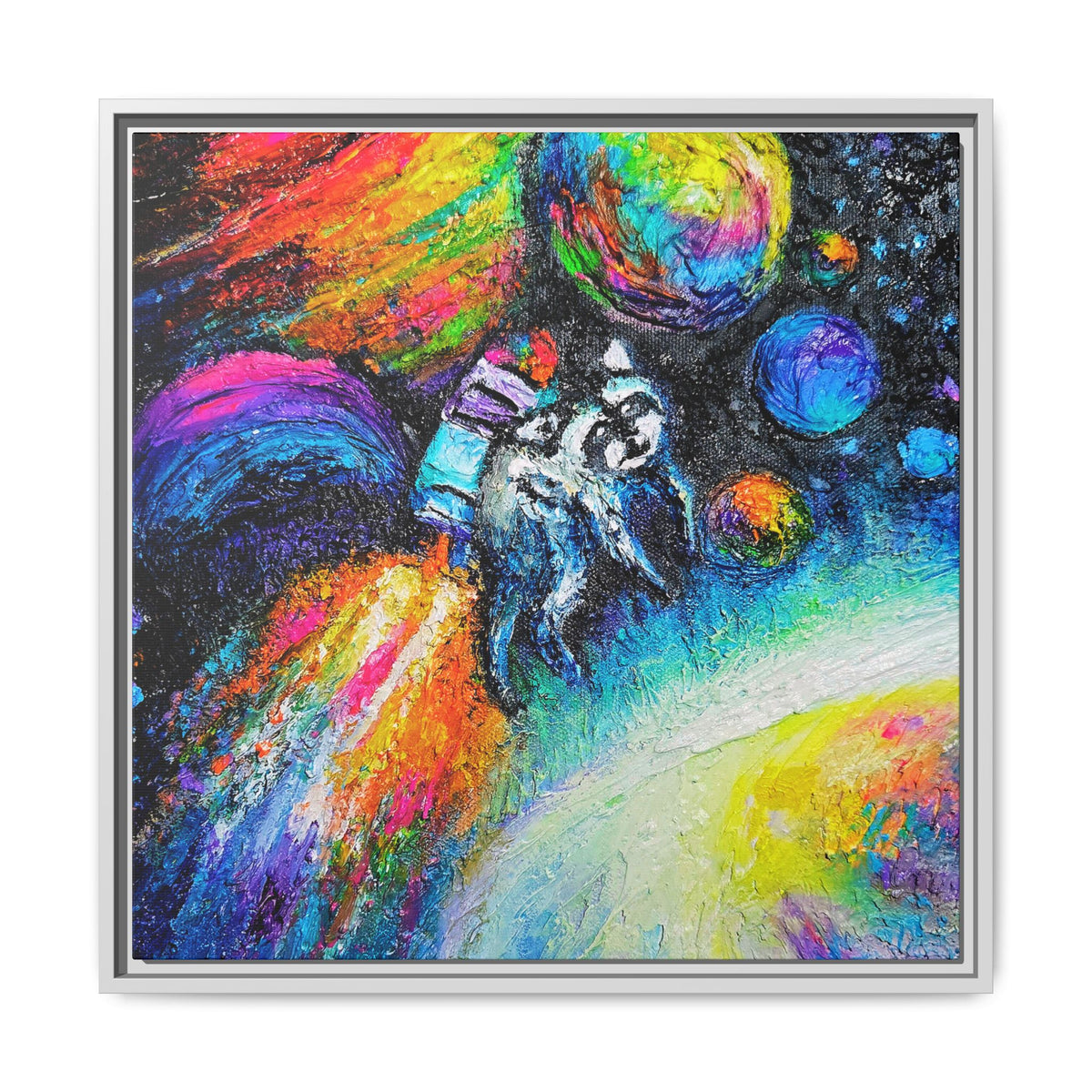 Framed Matte Jimothy in Space Canvas Art – Colorful Astronaut Space Painting