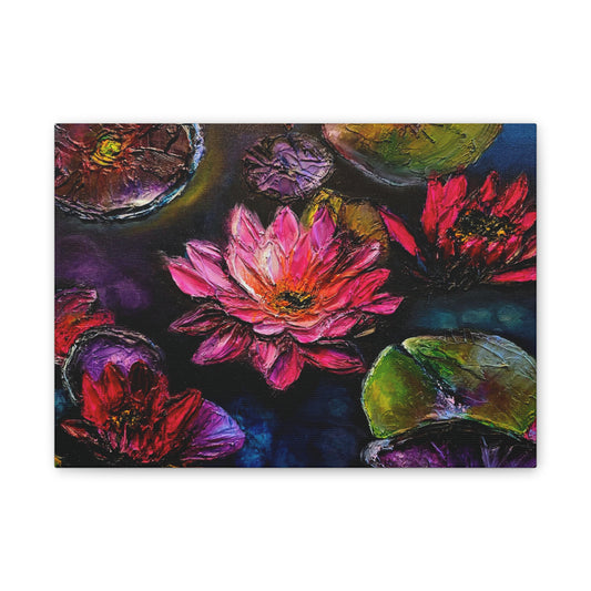 Vibrant Water Lilies Stretched Canvas Art — Colorful Floral Wall Decor