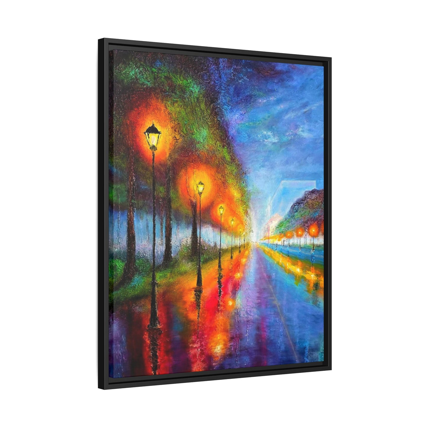 Framed Matte Canvas - Colorful City Street Lamp Nightscape