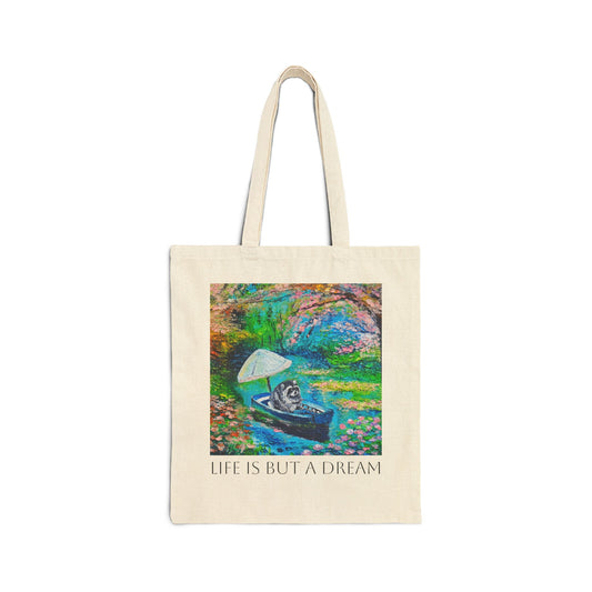 Canvas Tote - 'Life Is But A Dream' Watercolor Raccoon Boat Art