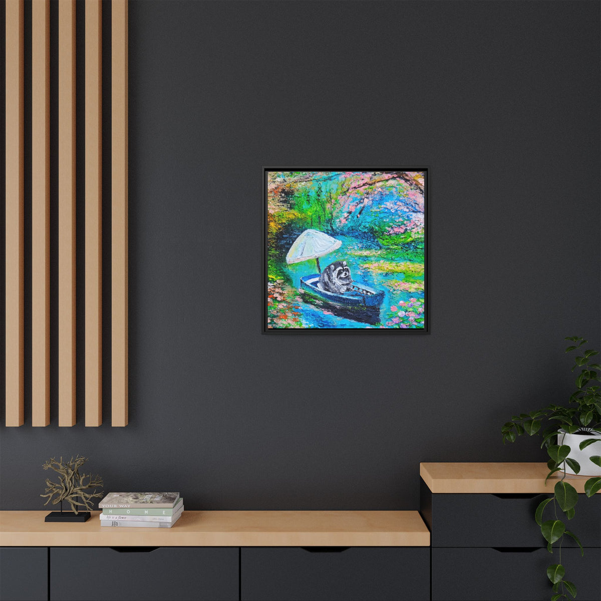 Framed Matte Canvas Art — Jimothy in a Boat Spring Landscape