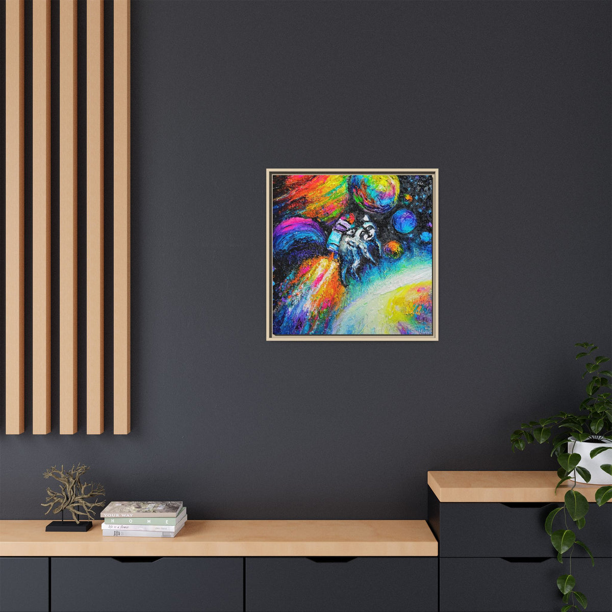 Framed Matte Jimothy in Space Canvas Art – Colorful Astronaut Space Painting