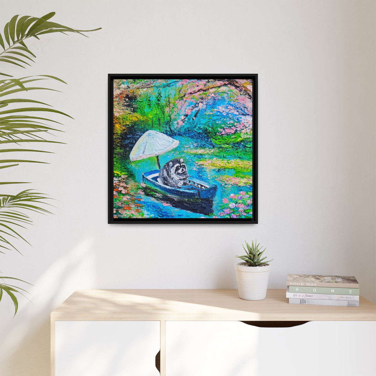 Framed Matte Canvas Art — Jimothy in a Boat Spring Landscape