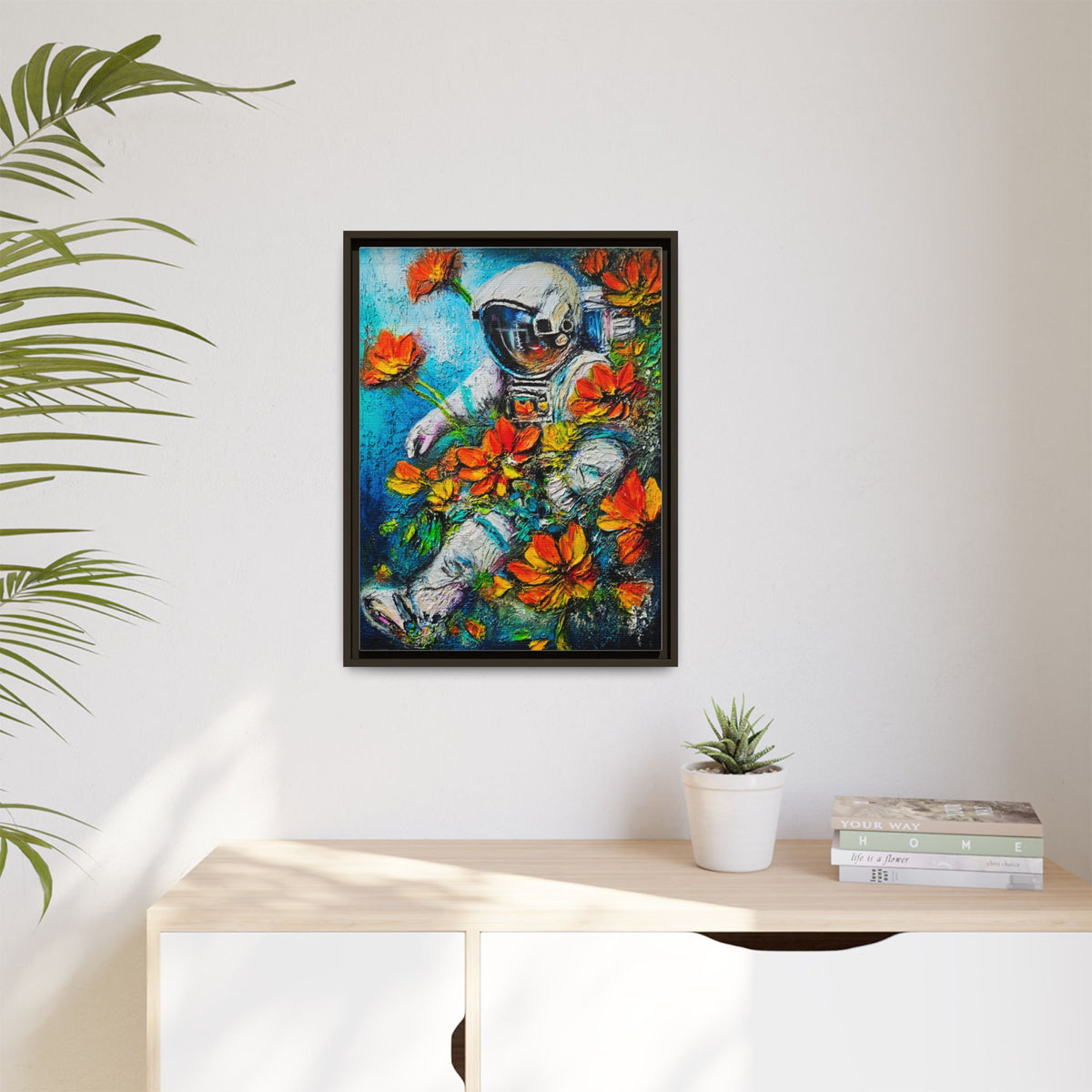 Framed Astronaut Art Print — Colorful Floral Space Canvas