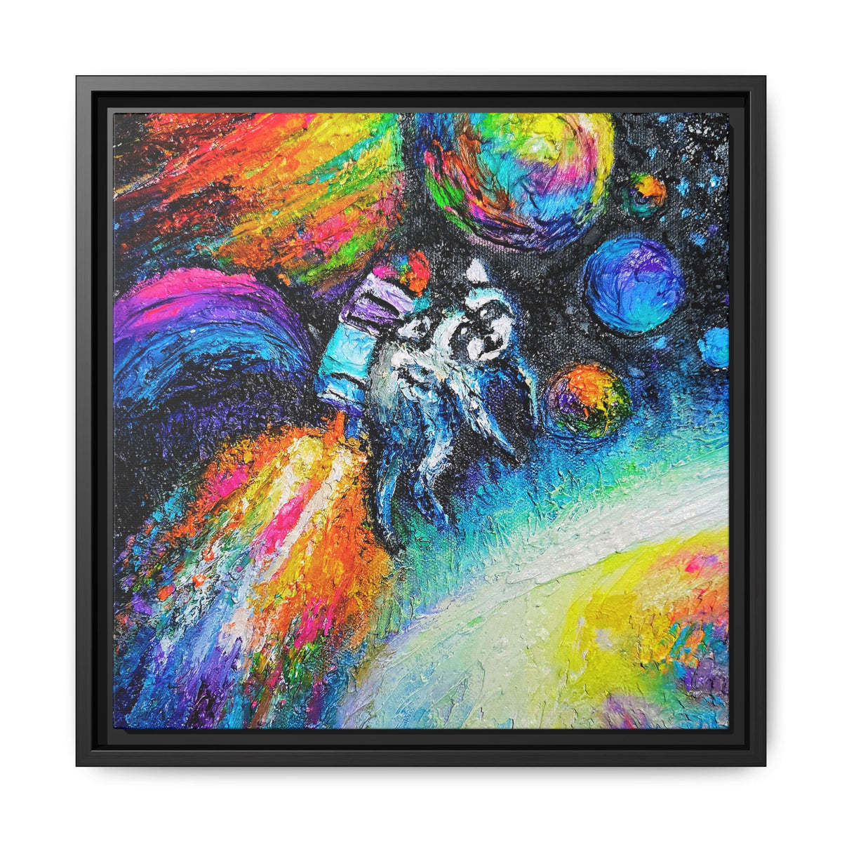 Framed Matte Jimothy in Space Canvas Art – Colorful Astronaut Space Painting