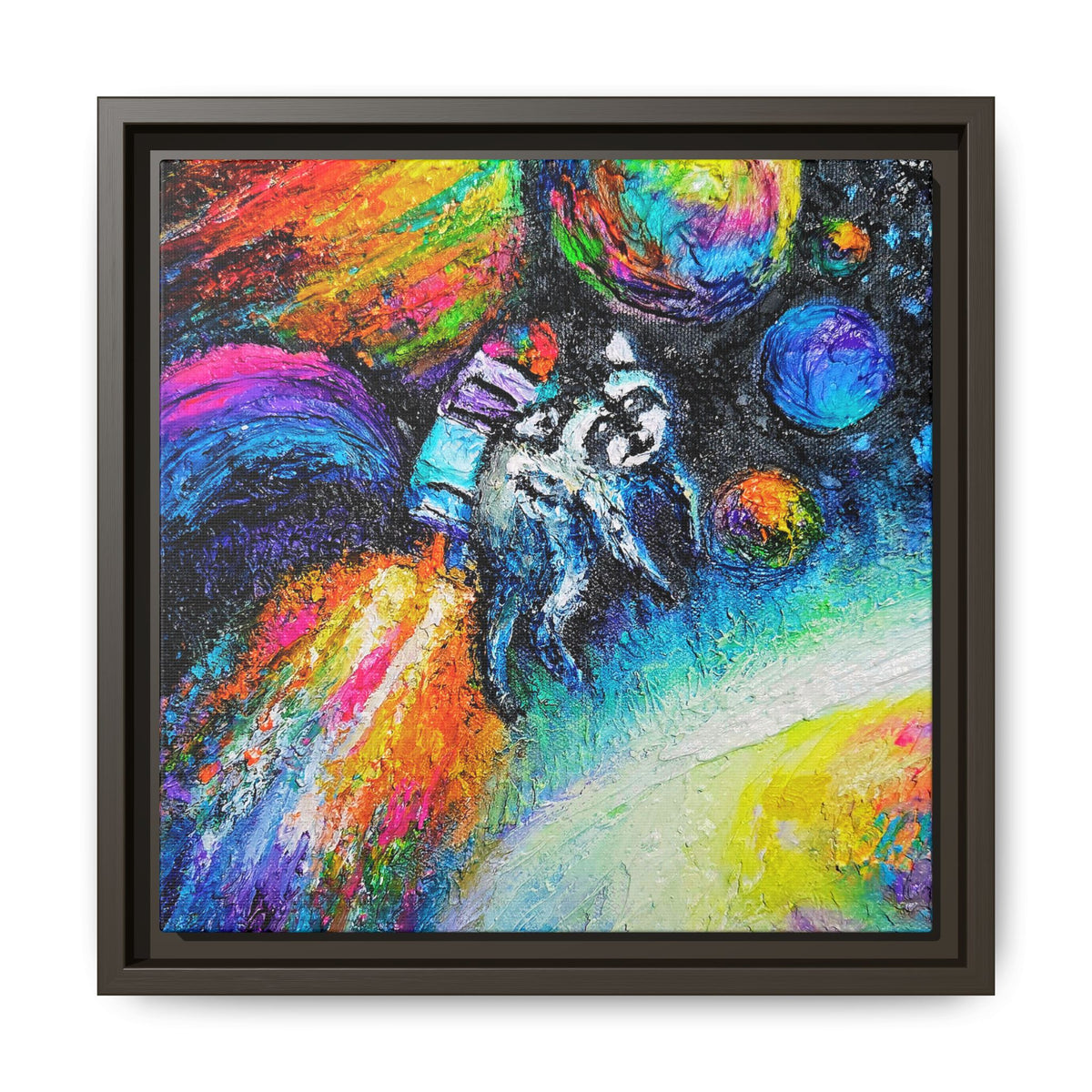 Framed Matte Jimothy in Space Canvas Art – Colorful Astronaut Space Painting