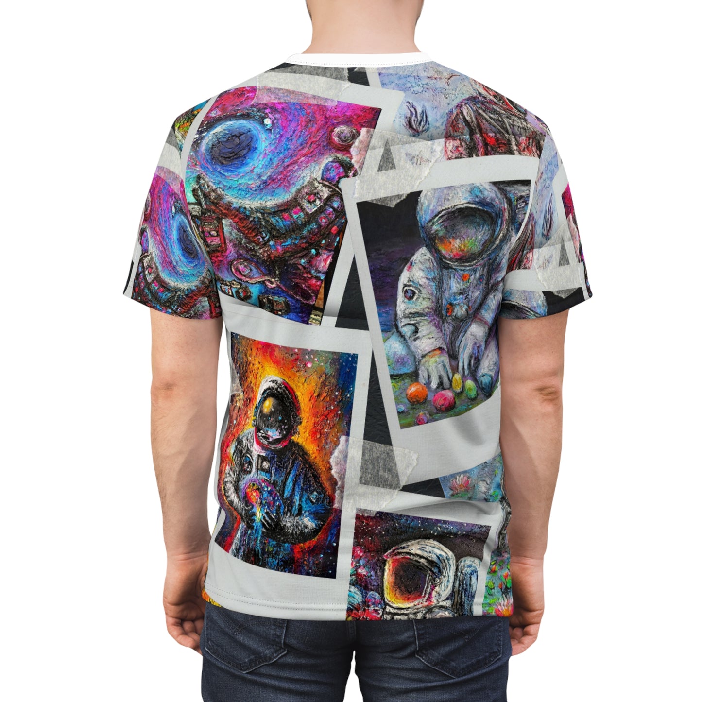 Wanderlust Astronaut Collage Tee — All-Over Print Space Art T-Shirt