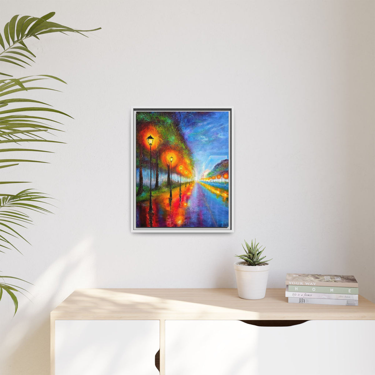 Framed Matte Canvas - Colorful City Street Lamp Nightscape