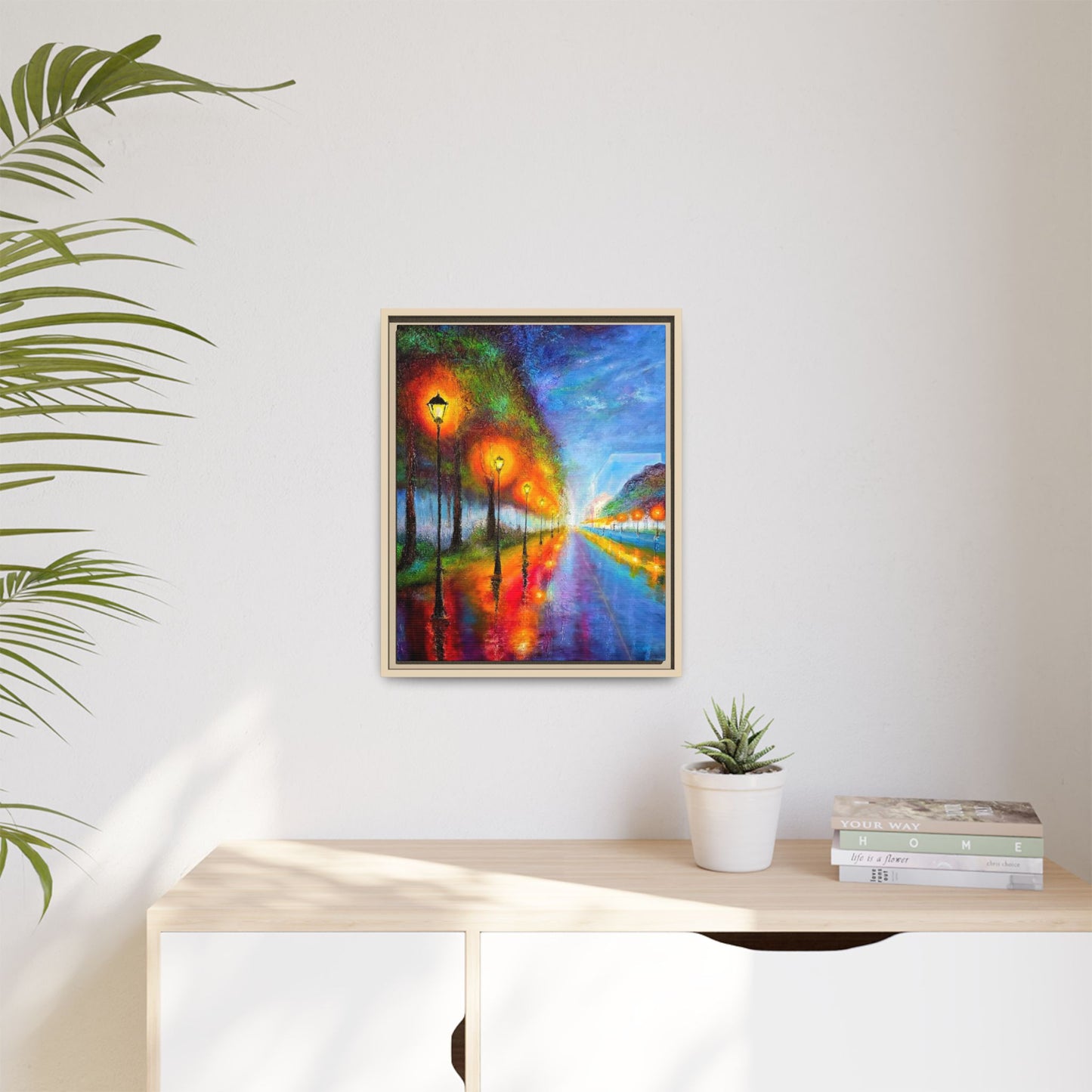 Framed Matte Canvas - Colorful City Street Lamp Nightscape