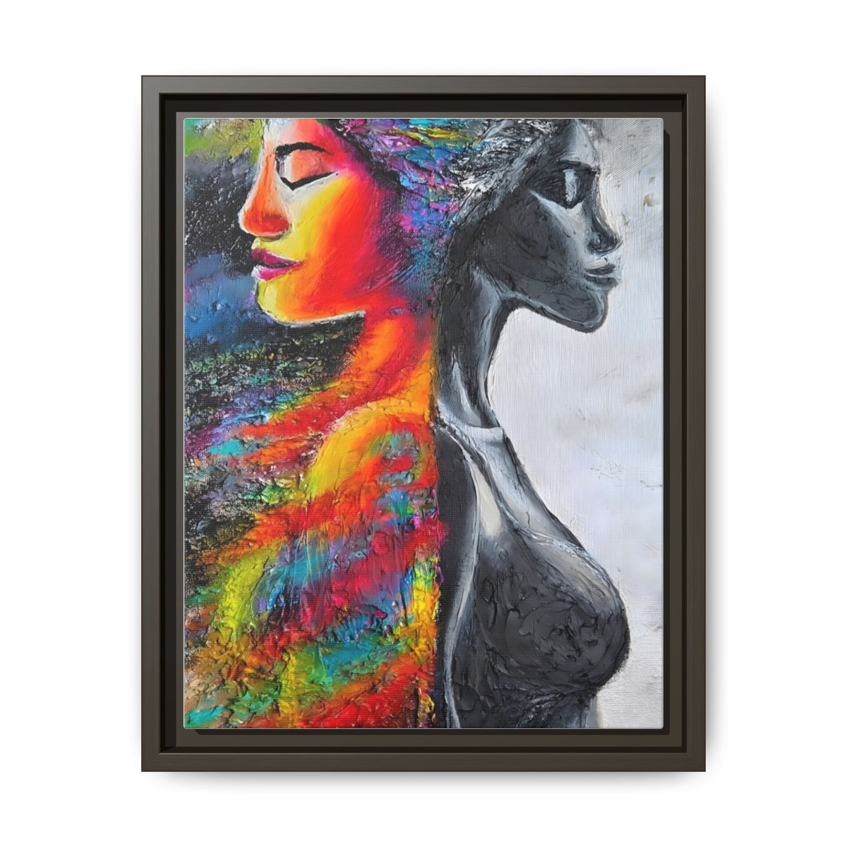 Framed Matte Canvas Art – Colorful Dual-Faced Woman Portrait