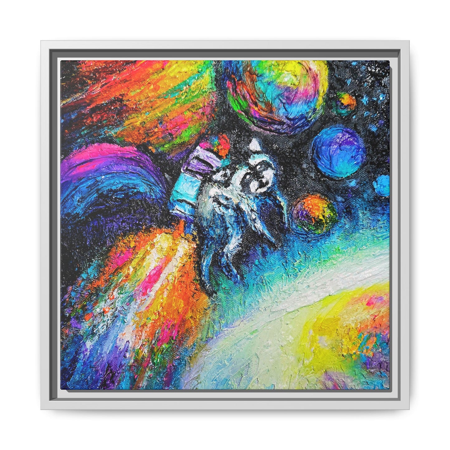 Framed Matte Jimothy in Space Canvas Art – Colorful Astronaut Space Painting