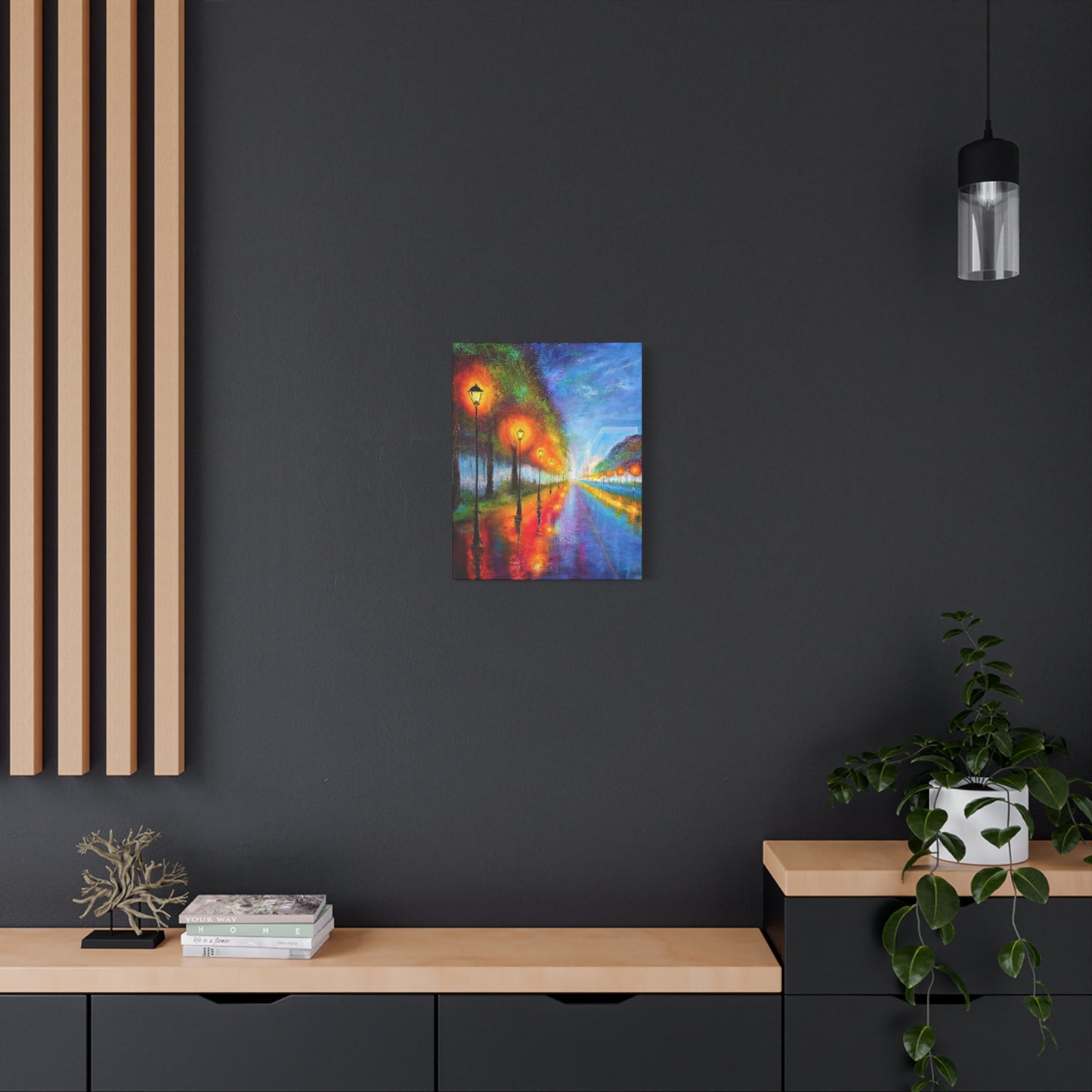 Colorful City Night Lamp Post Canvas Art — Matte Stretched Wall Decor