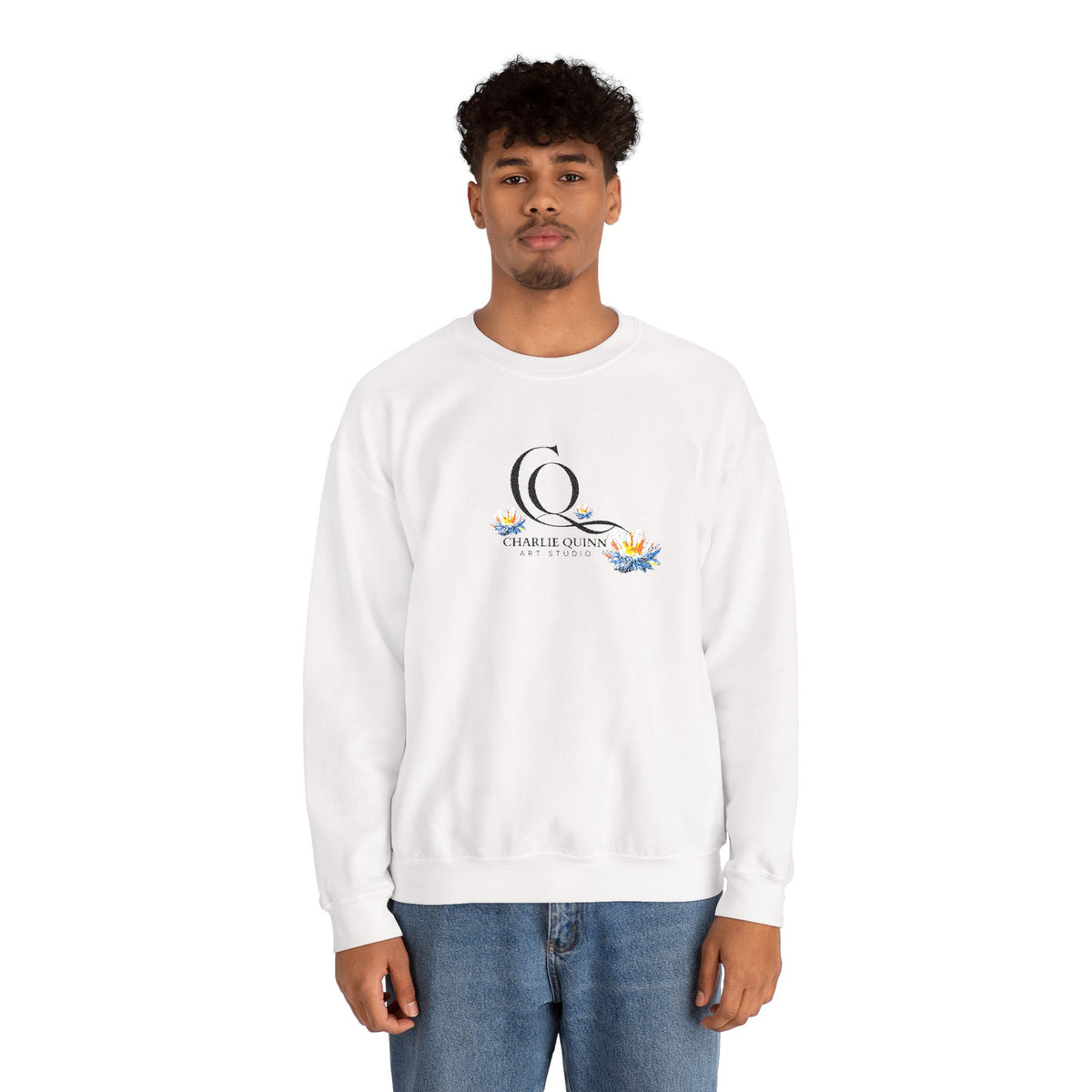 Logo Floral Crewneck Sweatshirt – 'Q' Monogram with Blue Yellow Flowers