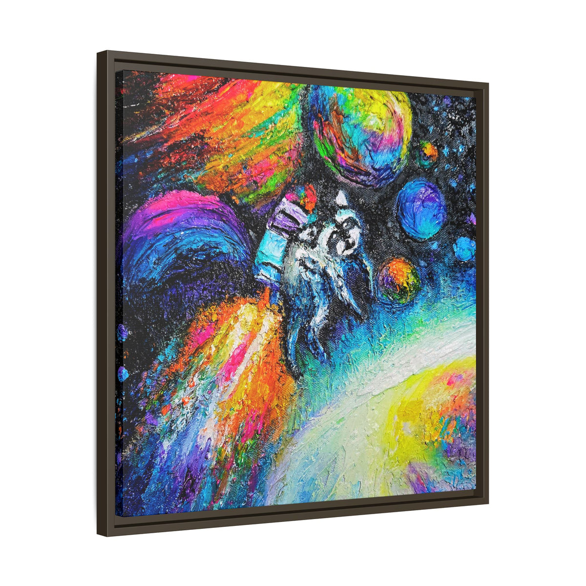Framed Matte Jimothy in Space Canvas Art – Colorful Astronaut Space Painting