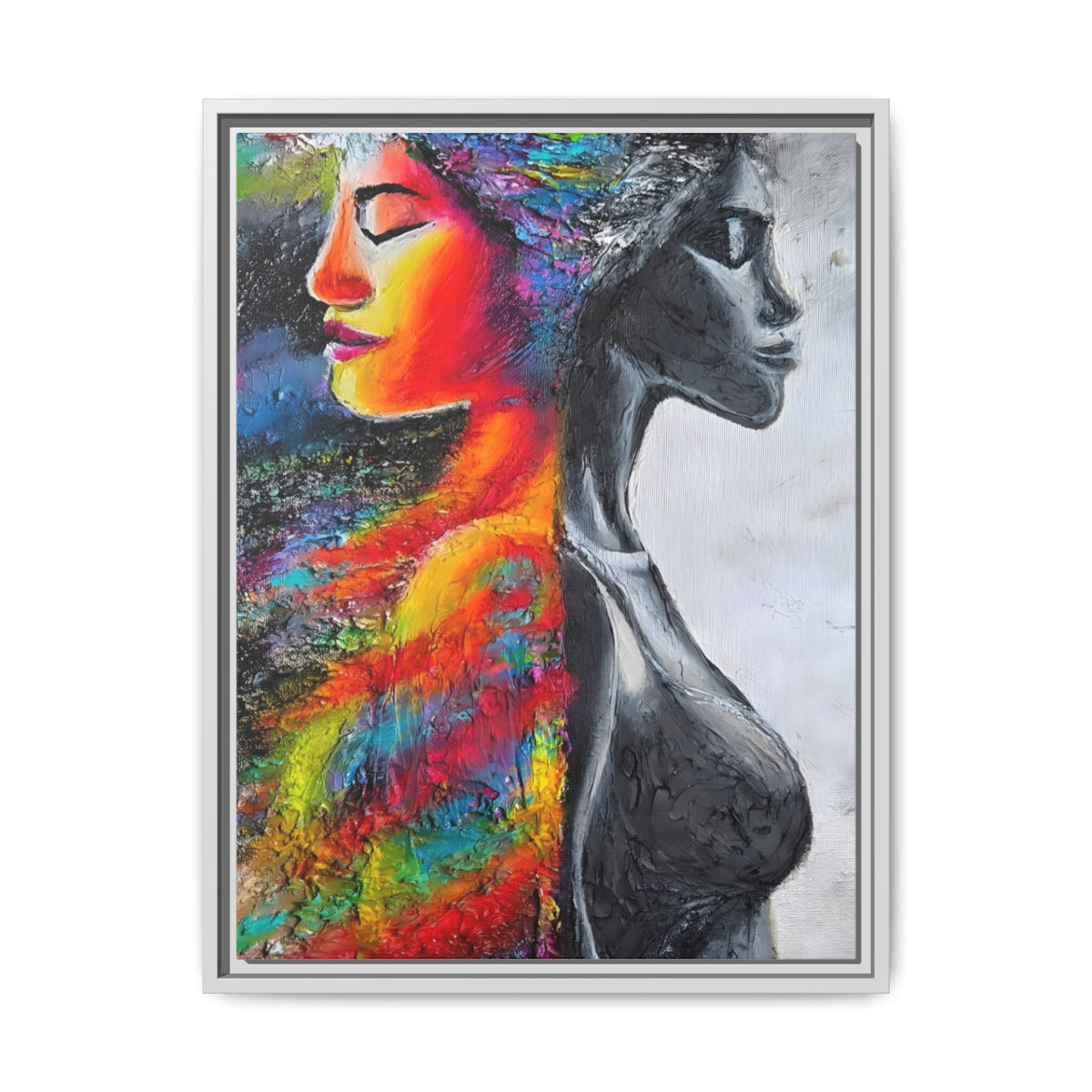 Framed Matte Canvas Art – Colorful Dual-Faced Woman Portrait