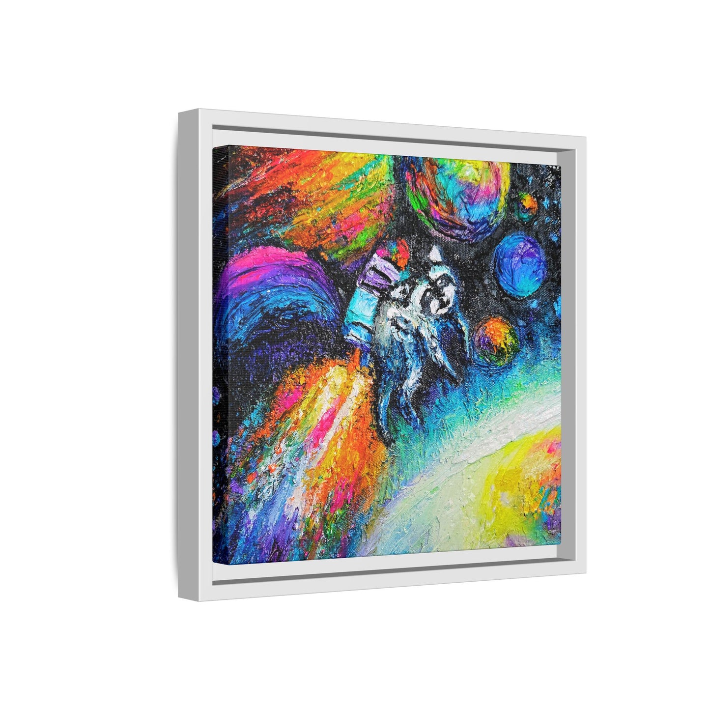 Framed Matte Jimothy in Space Canvas Art – Colorful Astronaut Space Painting