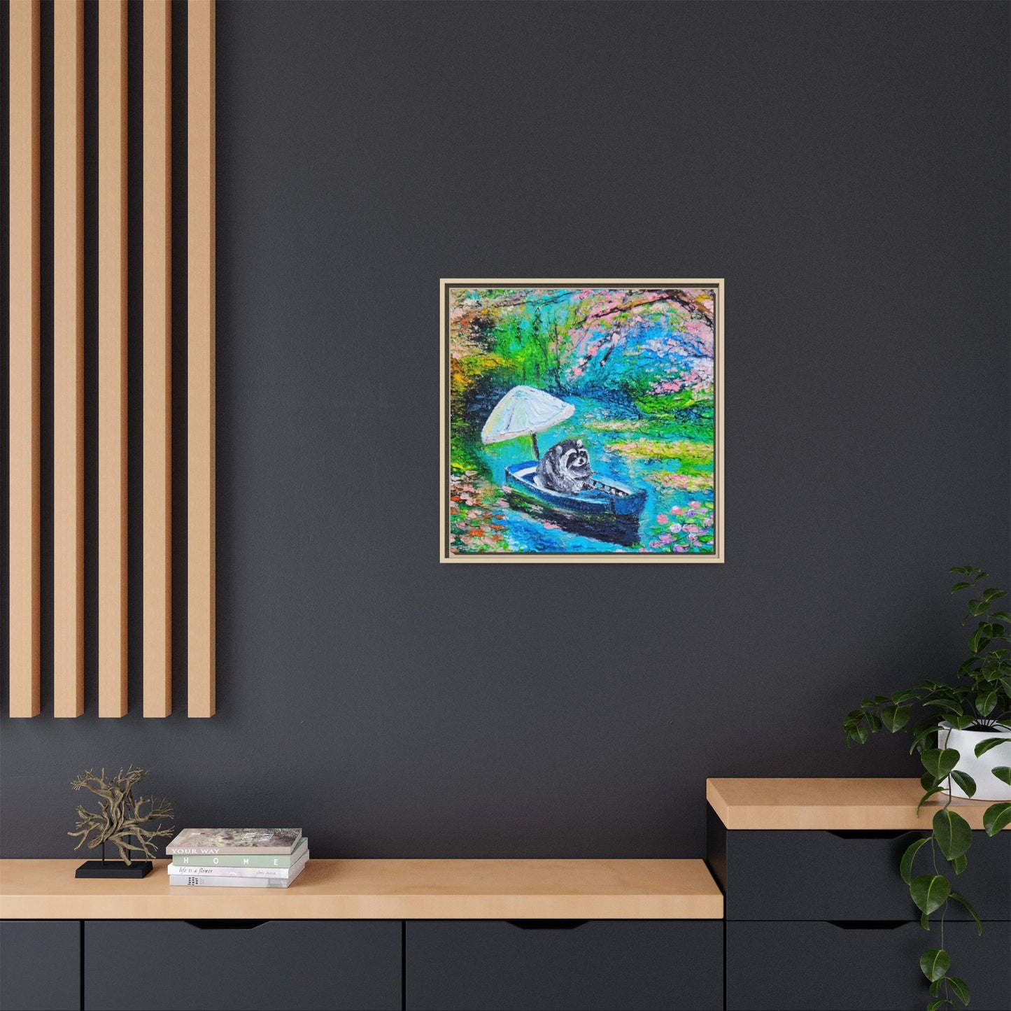 Framed Matte Canvas Art — Jimothy in a Boat Spring Landscape