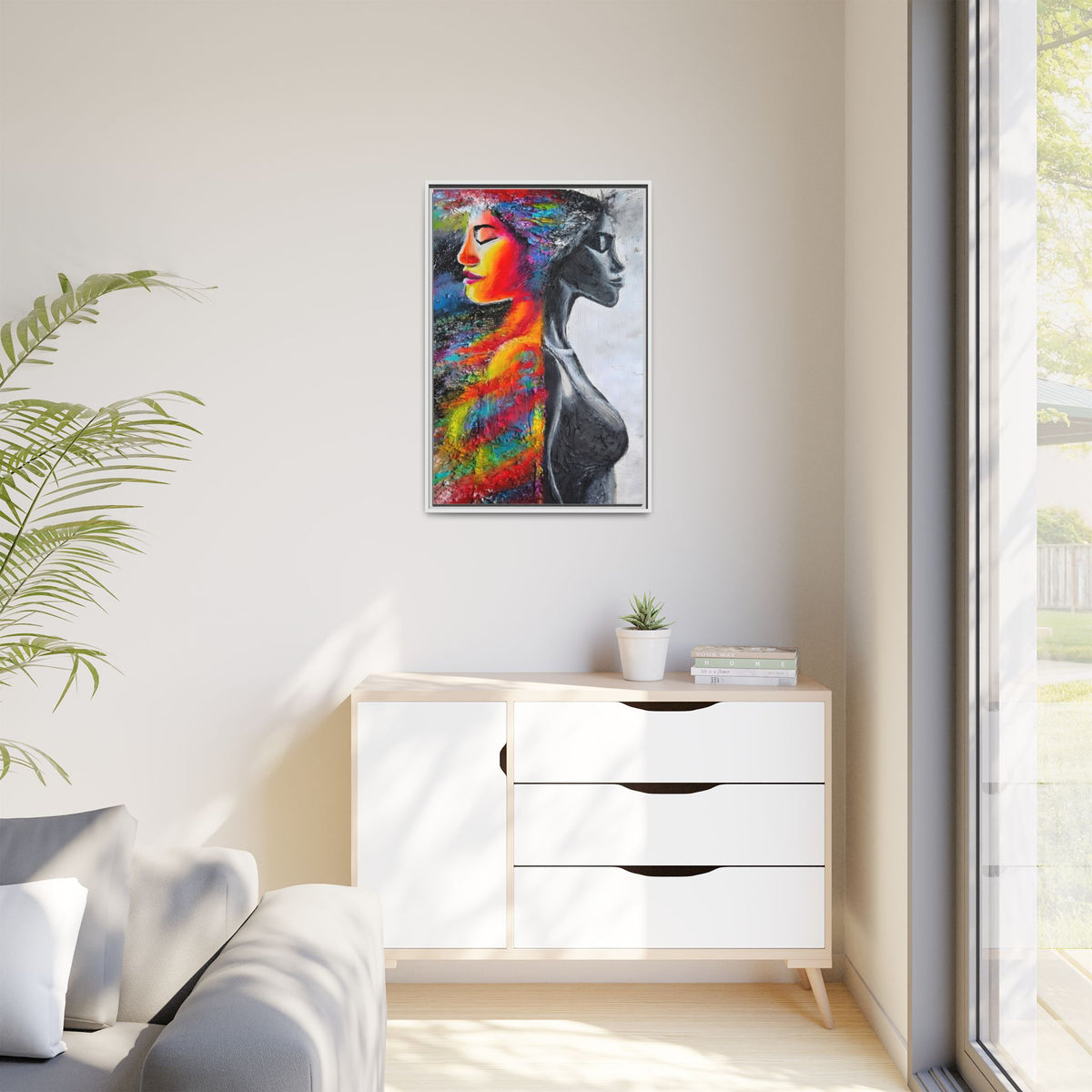 Framed Matte Canvas Art – Colorful Dual-Faced Woman Portrait
