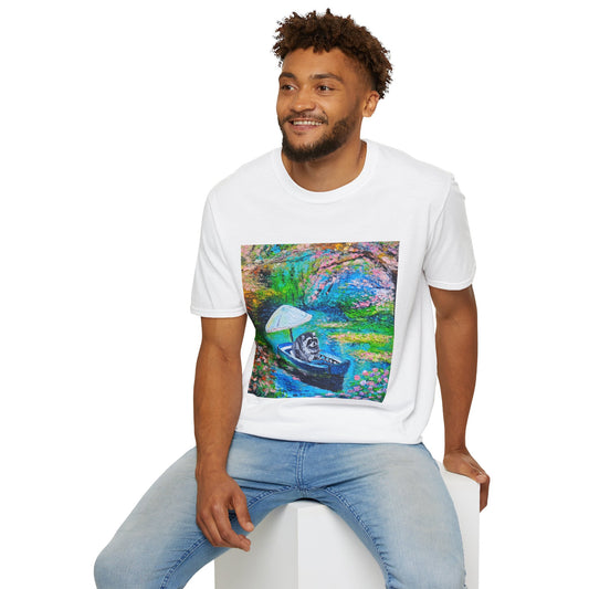 Jimothy Rides a Boat Art Tee — Colorful Impressionist River Scene