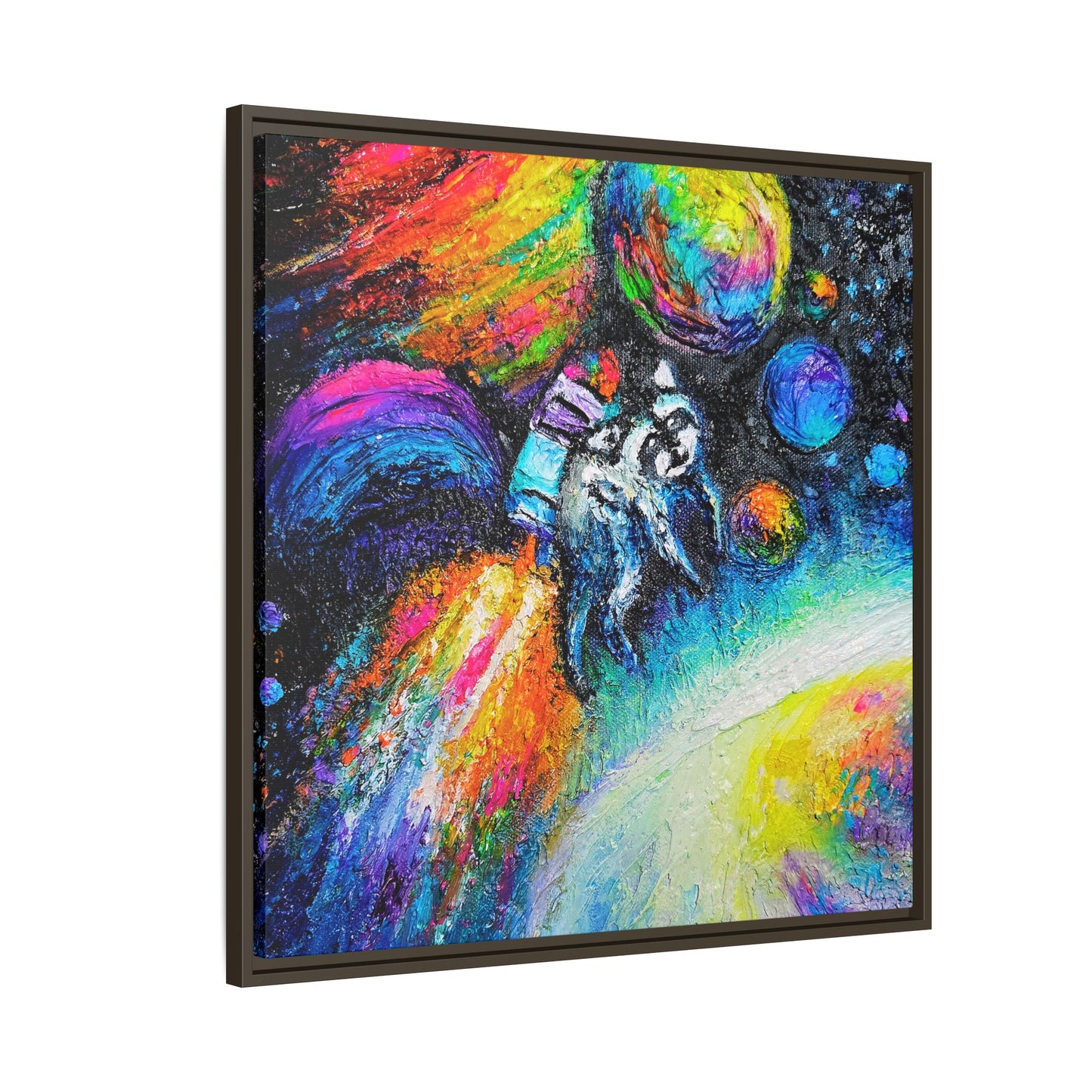 Framed Matte Jimothy in Space Canvas Art – Colorful Astronaut Space Painting