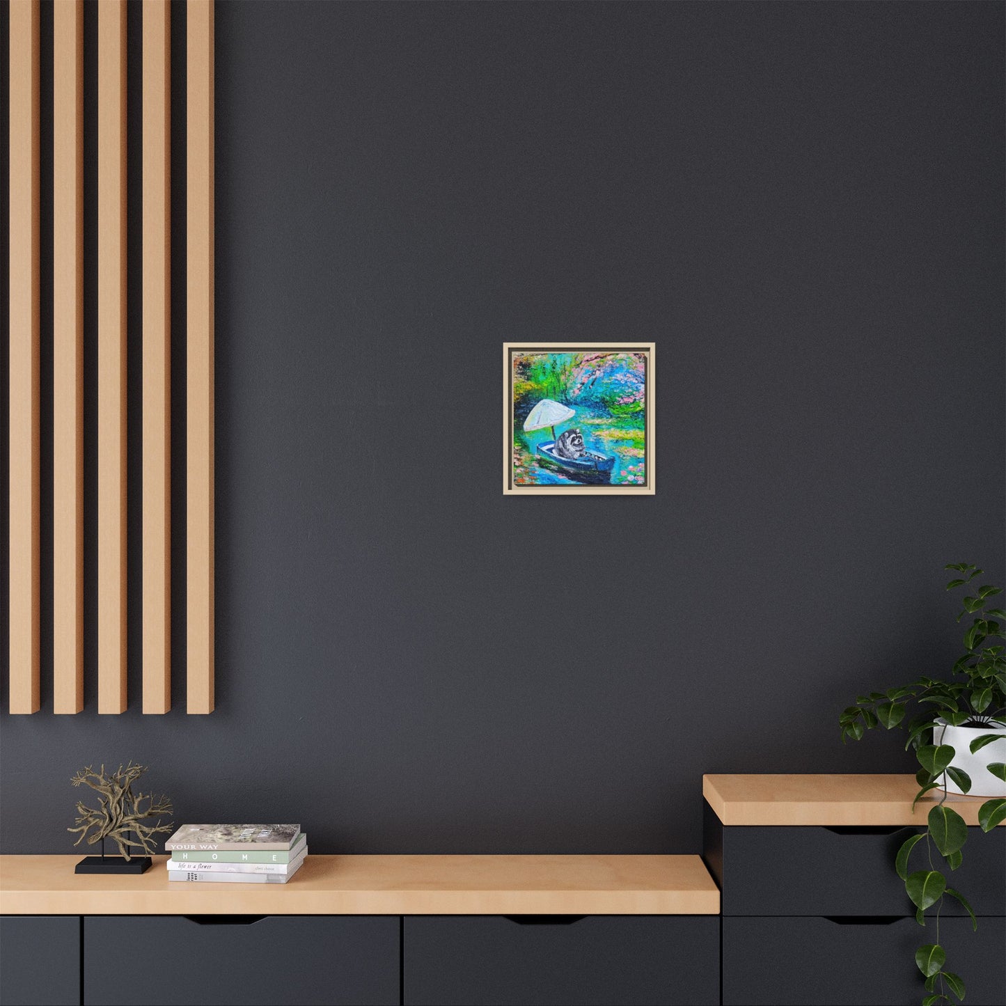 Framed Matte Canvas Art — Jimothy in a Boat Spring Landscape