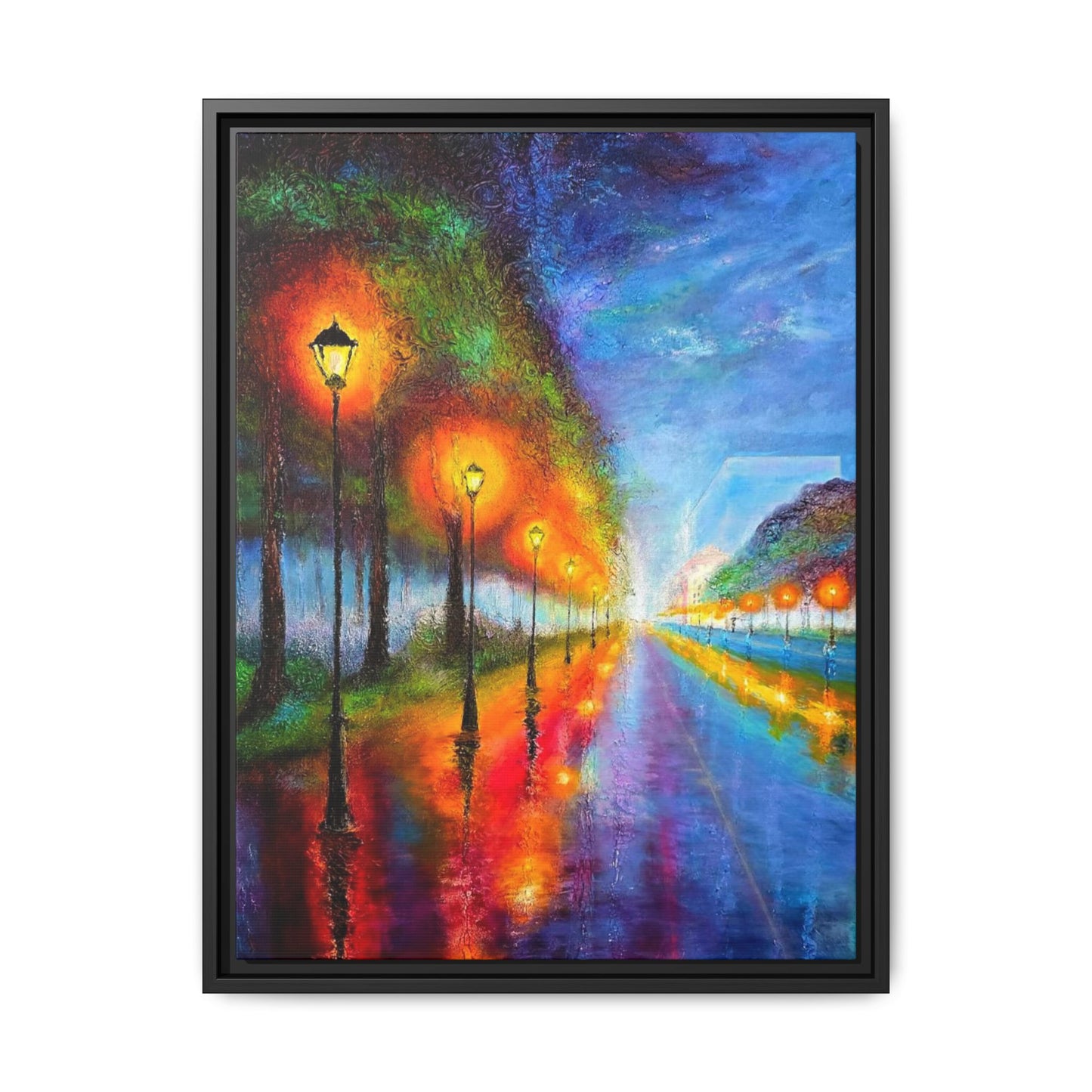 Framed Matte Canvas - Colorful City Street Lamp Nightscape