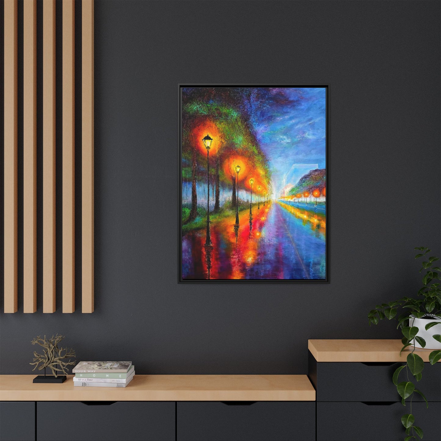 Framed Matte Canvas - Colorful City Street Lamp Nightscape